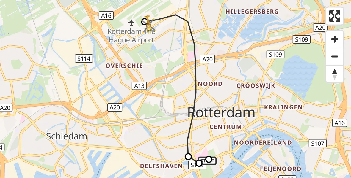 Vluchtroute Traumahelikopter Erasmus MC - Rotterdam The Hague Airport, 29 oktober 2026, 01:26