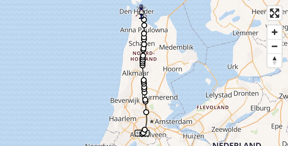 Vluchtroute Politiehelikopter Amsterdam Vliegveld Schiphol - Den Helder, 29 oktober 2026, 06:20