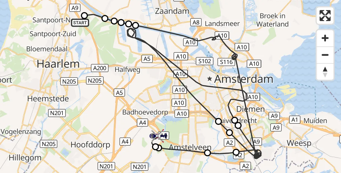 Vluchtroute Politiehelikopter Velserbroek - Amsterdam Vliegveld Schiphol, 29 oktober 2026, 14:28