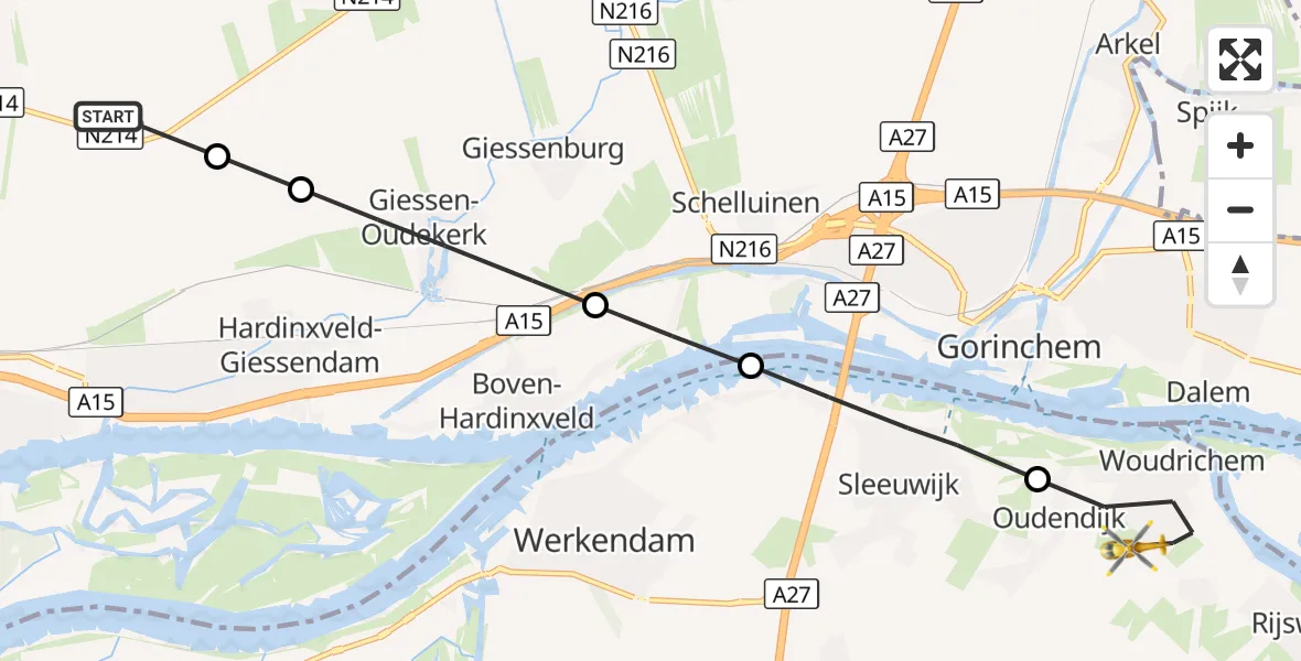 Vluchtroute Traumahelikopter Molenaarsgraaf - Woudrichem, 29 oktober 2026, 14:28