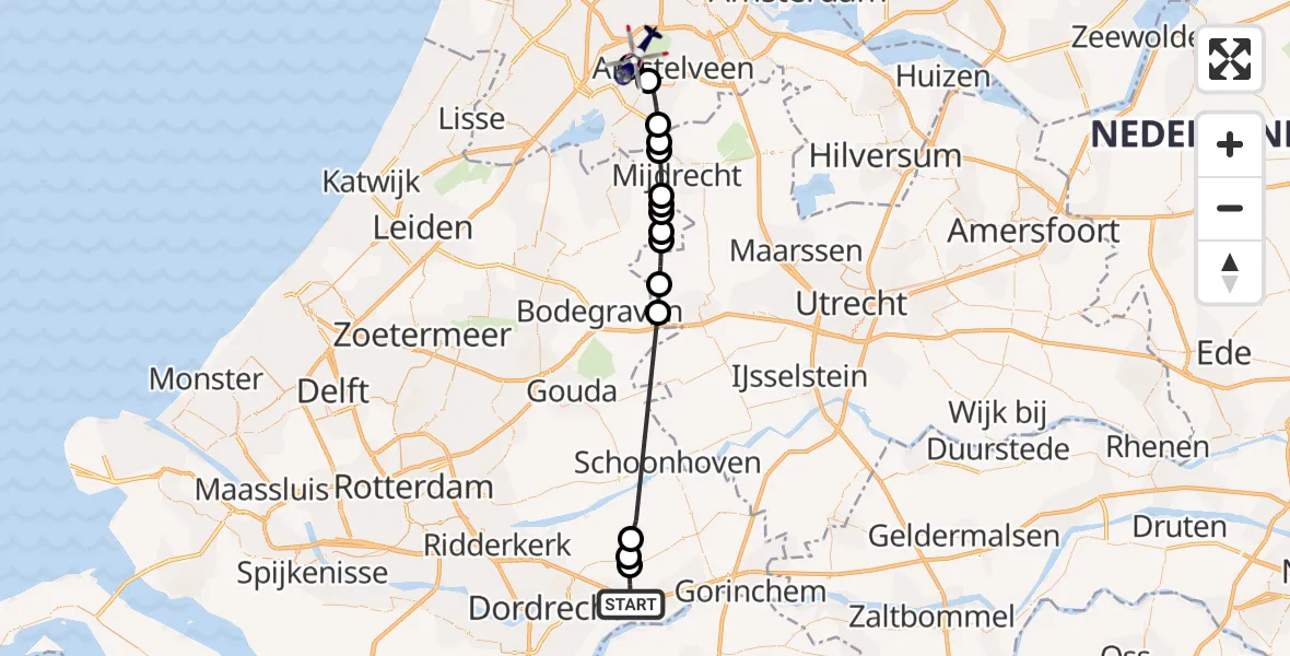 Vluchtroute Politiehelikopter Sliedrecht - Amsterdam Vliegveld Schiphol, 29 oktober 2026, 14:38
