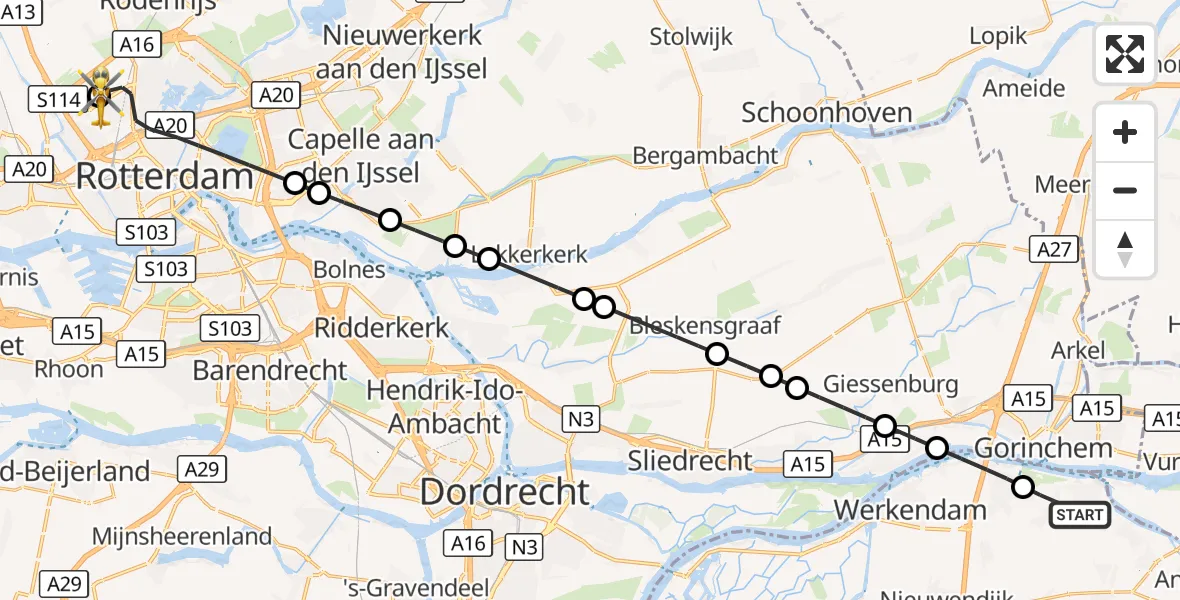 Vluchtroute Traumahelikopter Woudrichem - Rotterdam The Hague Airport, 29 oktober 2026, 14:47