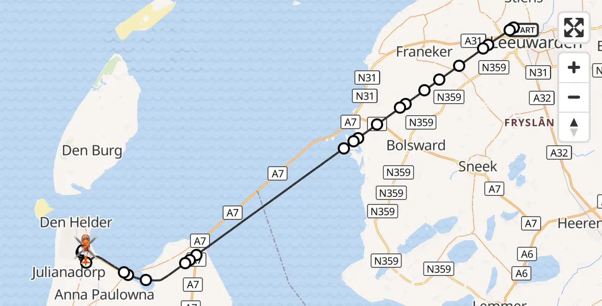 Vluchtroute Kustwachthelikopter Vliegbasis Leeuwarden - Militair vliegveld De Kooy / Den Helder Airport, 29 oktober 2026, 14:48