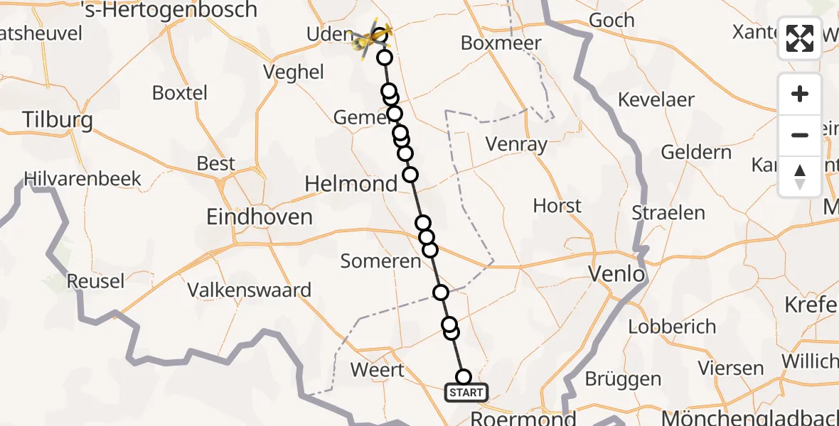 Vluchtroute Traumahelikopter Baexem - Vliegbasis Volkel, 29 oktober 2026, 16:37