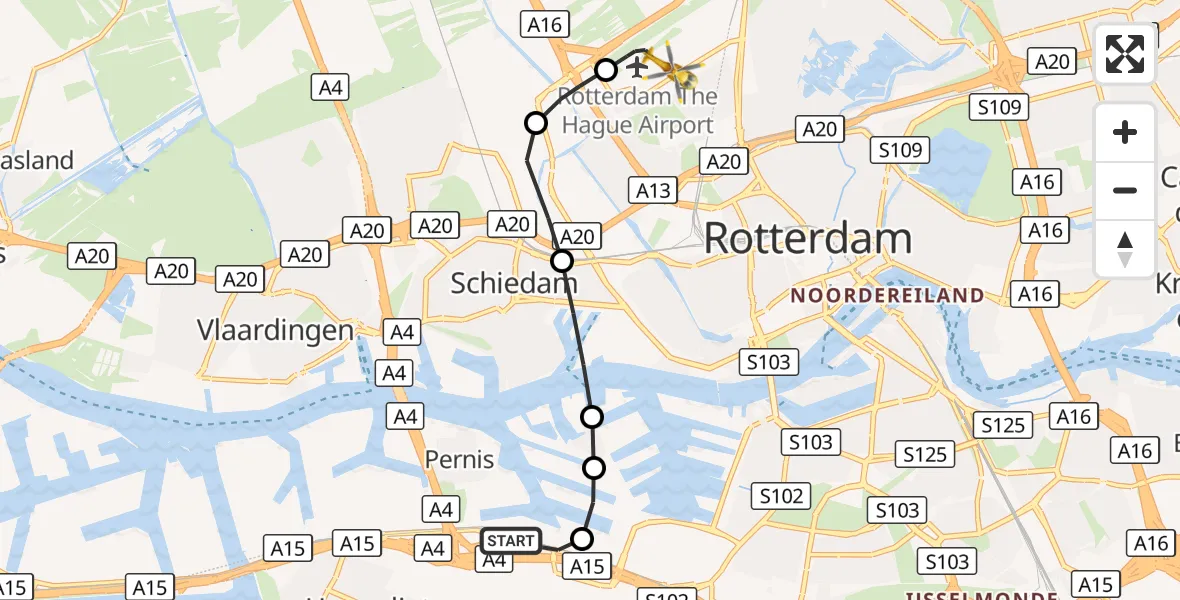 Vluchtroute Traumahelikopter Pernis Rotterdam - Rotterdam The Hague Airport, 29 oktober 2026, 16:52