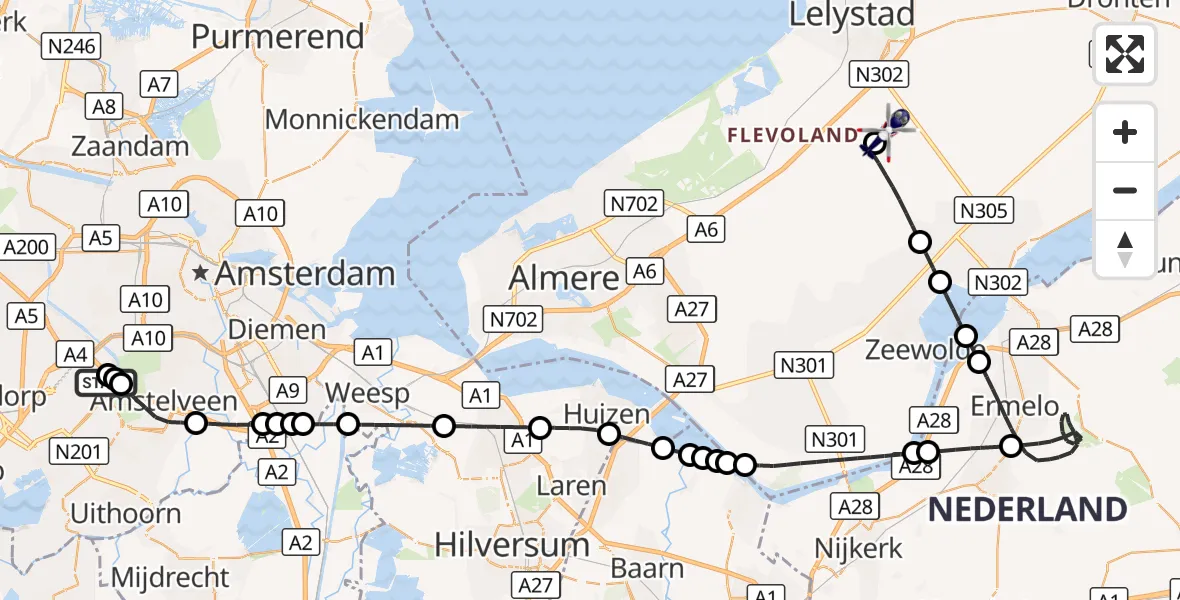 Vluchtroute Politiehelikopter Amsterdam Vliegveld Schiphol - Lelystad Airport, 29 oktober 2026, 19:28