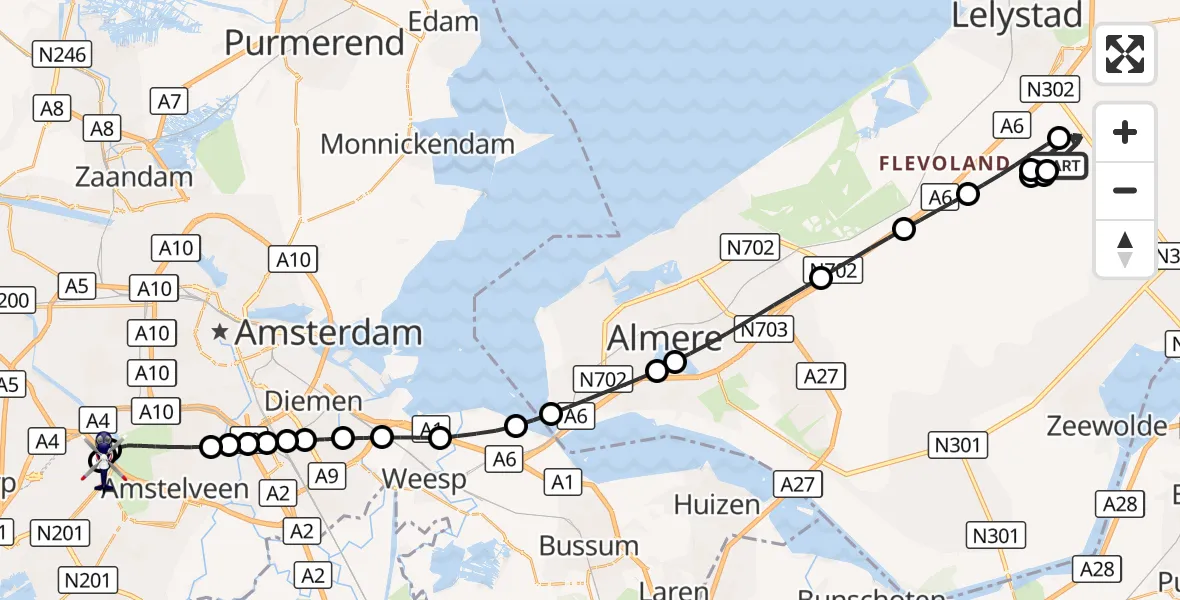 Vluchtroute Politiehelikopter Lelystad Airport - Amsterdam Vliegveld Schiphol, 29 oktober 2026, 20:02