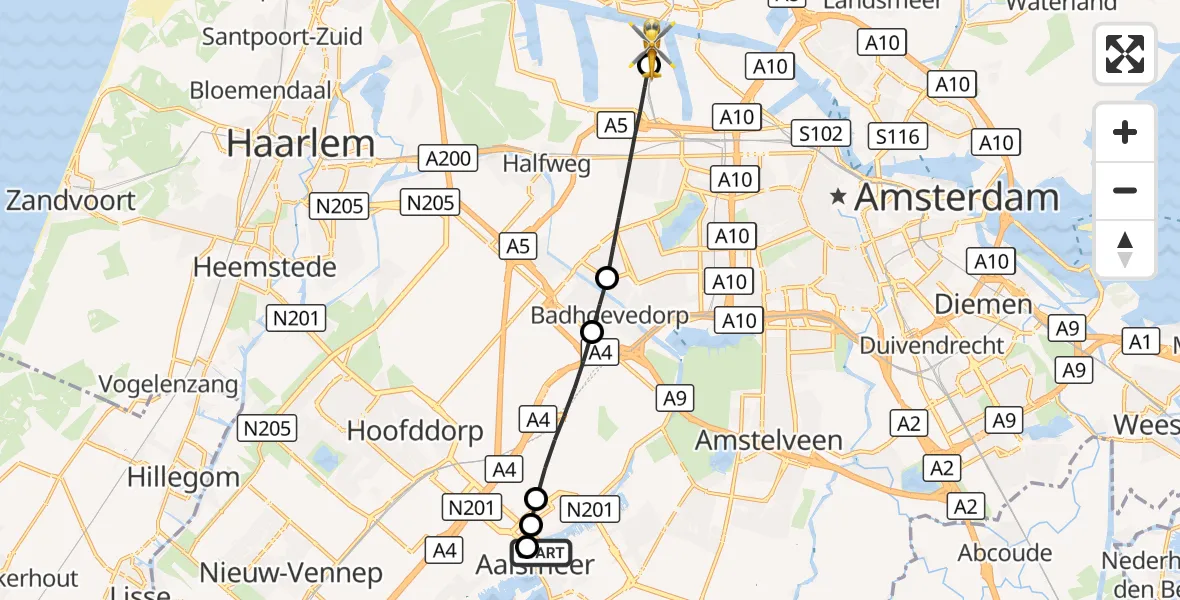 Vluchtroute Traumahelikopter Aalsmeer - Amsterdam Heliport, 30 oktober 2026, 10:58