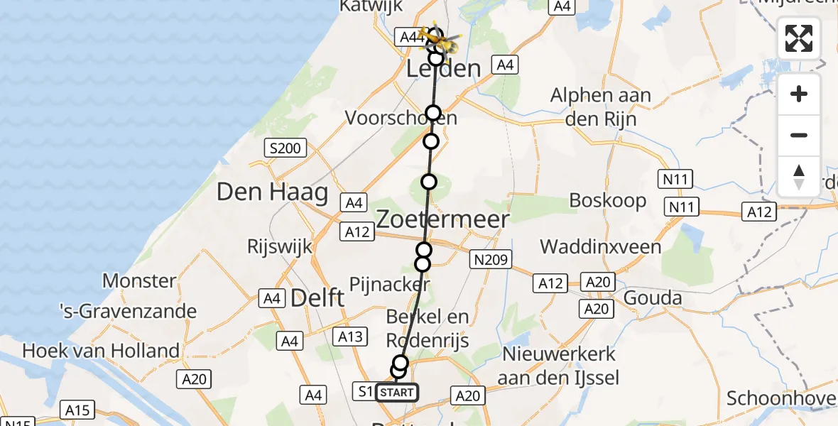 Vluchtroute Traumahelikopter Rotterdam The Hague Airport - Leiden, 30 oktober 2026, 17:04