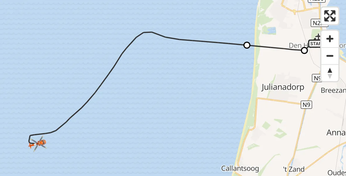 Vluchtroute Kustwachthelikopter Militair vliegveld De Kooy / Den Helder Airport - Noordzee, 31 oktober 2026, 16:17