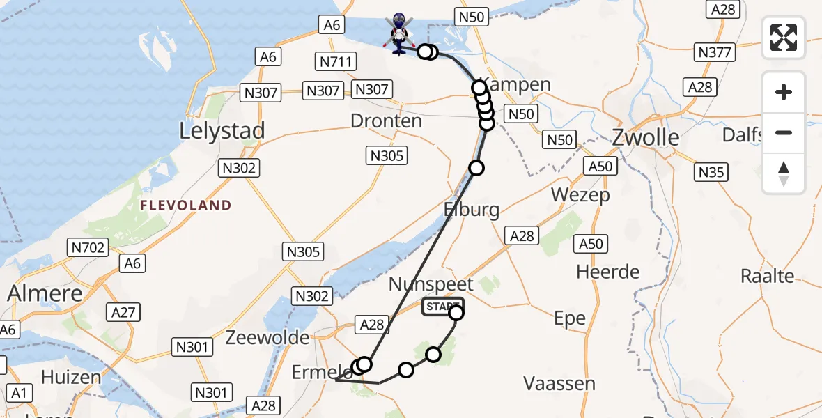 Vluchtroute Politiehelikopter Nunspeet - IJsseloog, 31 oktober 2026, 18:05